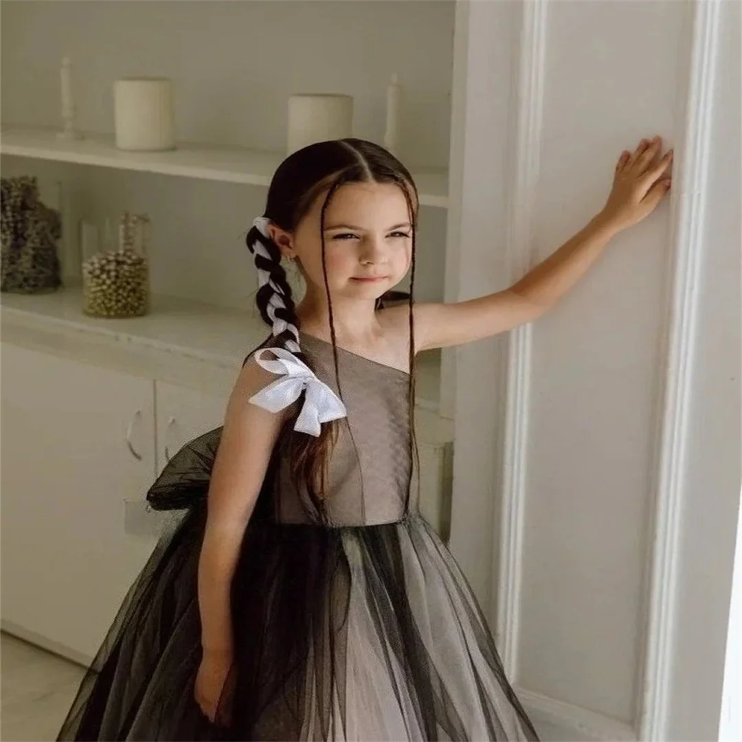 Czarna sukienka dla dziewczynki na jedno ramię, tiulowa suknia ślubna dla dziewczynki, sukienka transformująca się z koronki, sukienki na konkursy piękności dla dziewczynek, sukienka księżniczki.