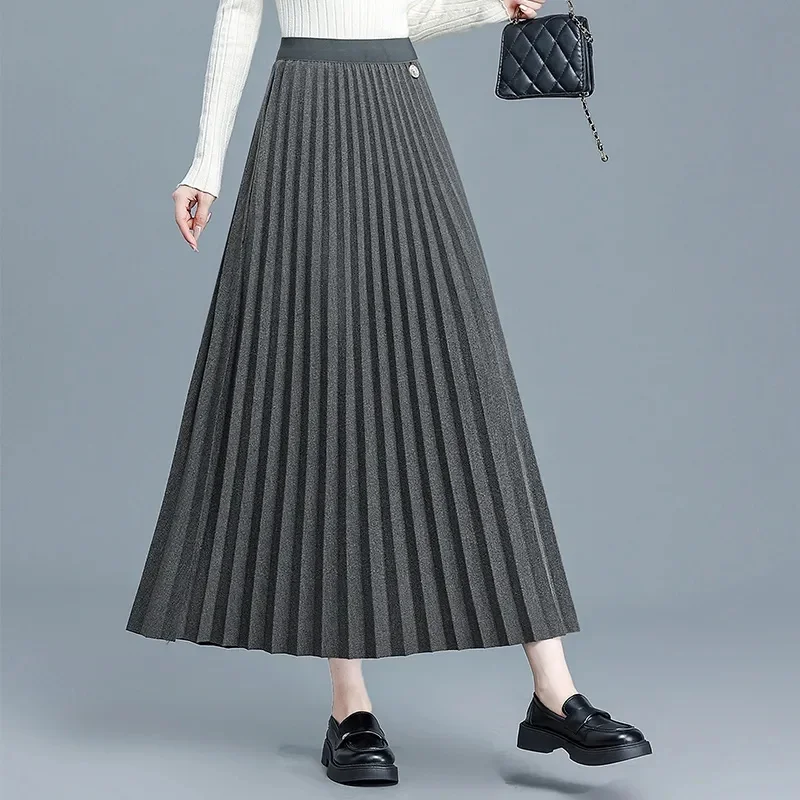 Female Woolen Pleated Skirts Autumn Women Fashion Solid Color Casual Long Skirts French Ladies New High Waist A-line Maxi Skirt