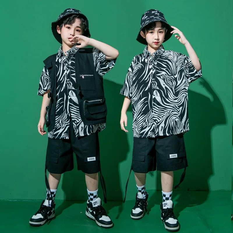 Boys Hip Hop Clothing Summer Street Dance Costume Kids Black Vest Zebra Shirt Girls Jazz Concert Performance Outfit Stage Wear