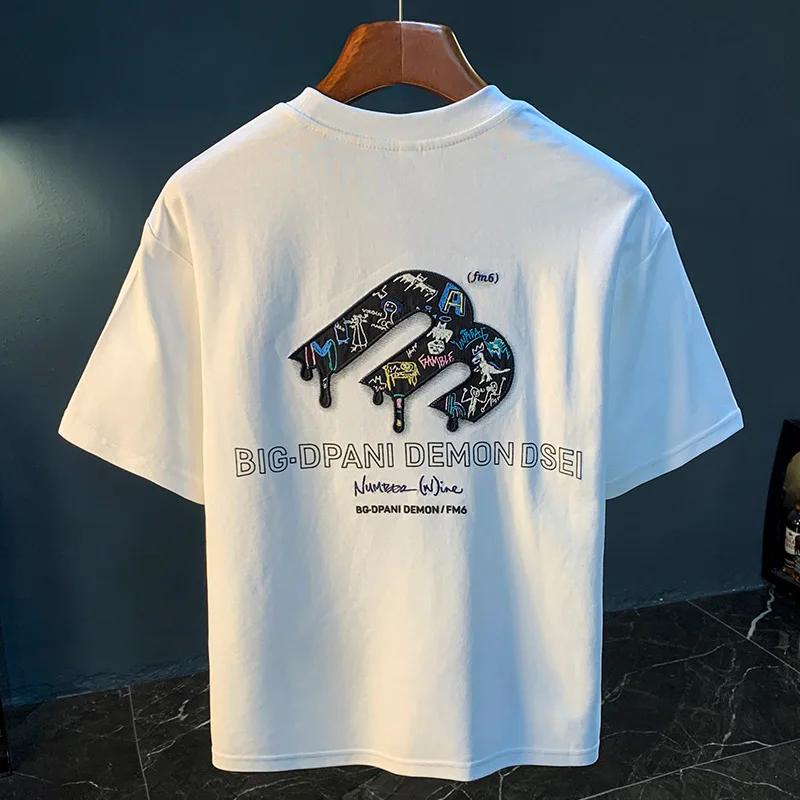 

High end embroidered printed T-shirt for men in summer, loose elastic, light luxury trend, casual short sleeved top
