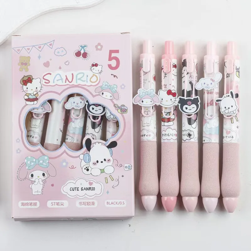 

5 шт., маленькая толстая нейтральная ручка Ding Sanrio, милая мультяшная ручка высокого качества, гладкая карбоновая ручка для студенческого экзамена