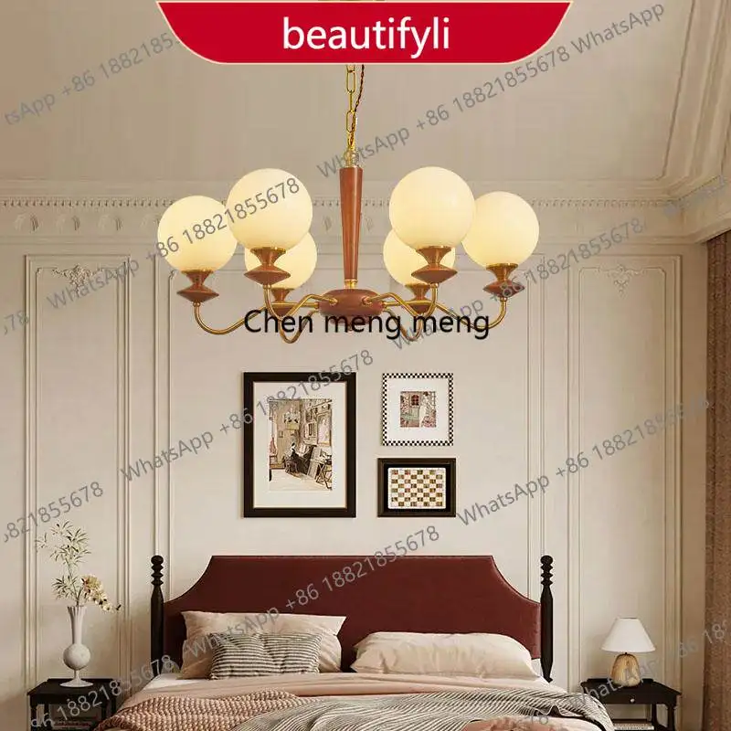 

01A Medieval glass bedroom chandelier cream walnut retro solid wood living room main light dining room lamp