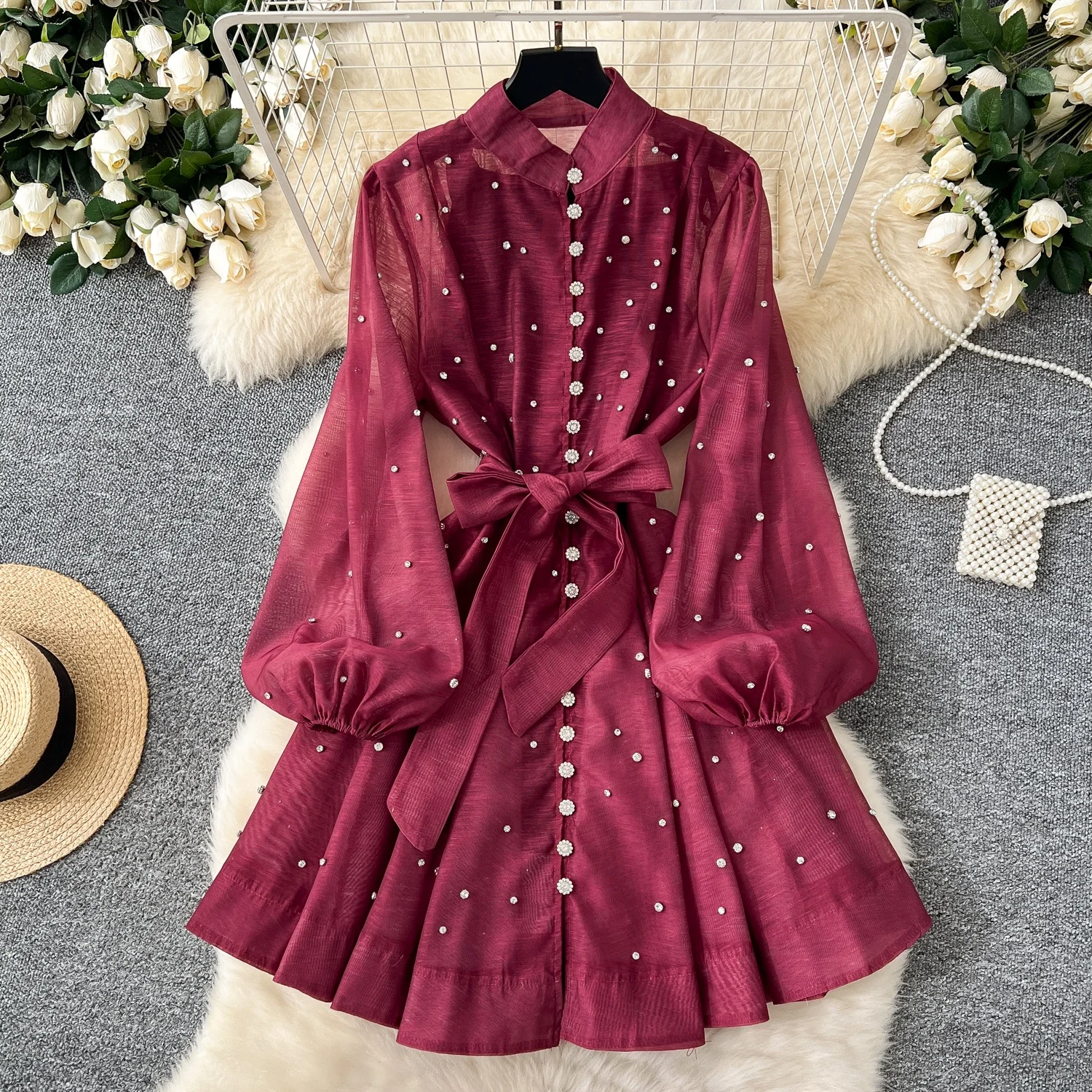 

Clothland Women Elegant Beading Mini Dress Shiny Long Sleeve Diamonds Female Chic Casual Dresses Vestido QD916