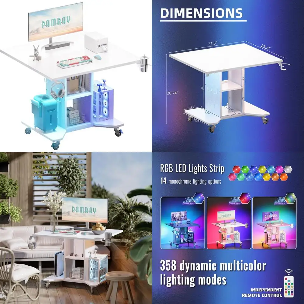 전원 콘센트, 수납 공간 및 페그보드가 있는 소형 공간용 컴팩트 LED 조명 게이밍 책상(화이트)
