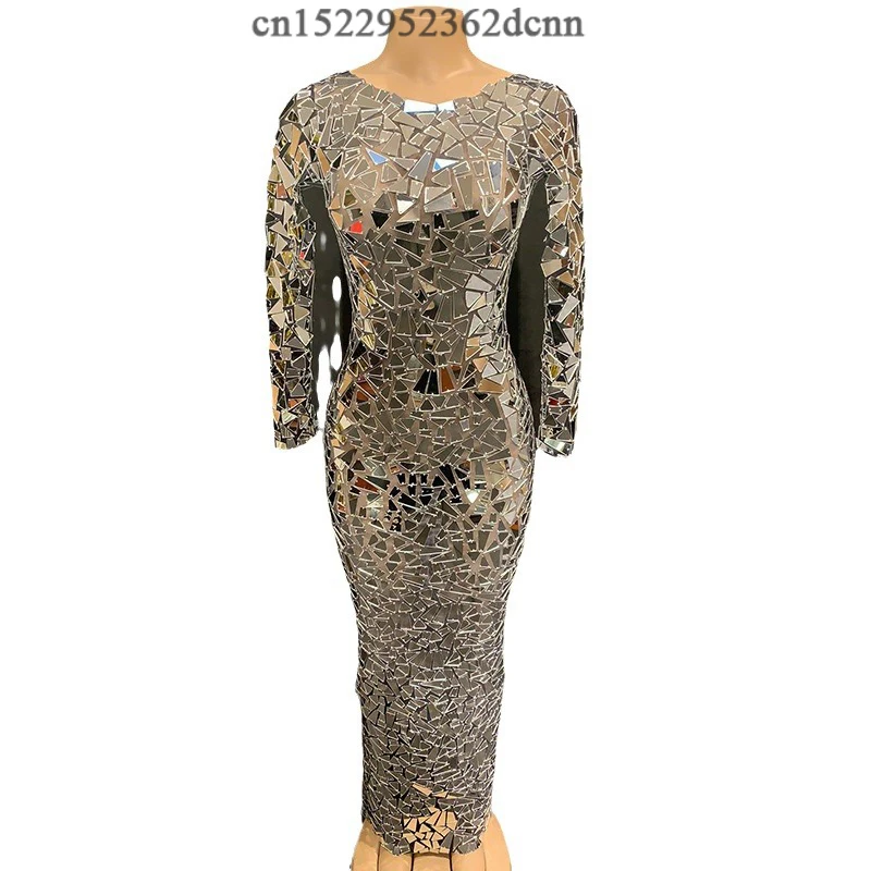 ชุดเดรสยาวตาข่ายสีดำประดับกระจกเงา สำหรับงานเลี้ยงตอนเย็น งานวันเกิด งานแสดง