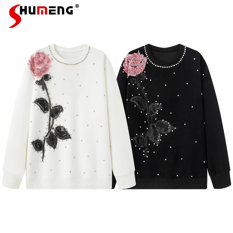 

Осень 2022, новые модные 3D цветы, сшитые вручную бисером толстовки с круглым вырезом, женские свободные топы, женские шикарные толстовки одного цвета