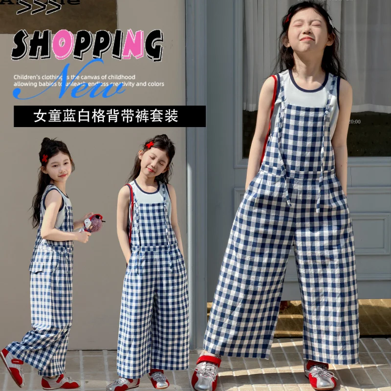 

Girls Suit2026New summer stylish and fashionable girls' vest and plaid overalls two-piece set children's summer clothing