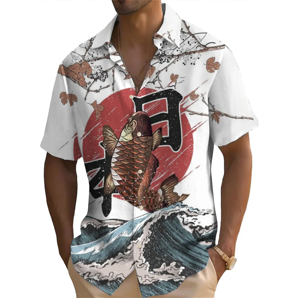 Men\'s Shirt Japanese Ukiyo-E Pattern Shirt Summer Casual Short Sleeved Tops T-Shirt 3d Fish Print Tees Oversized Men\'s Clothing