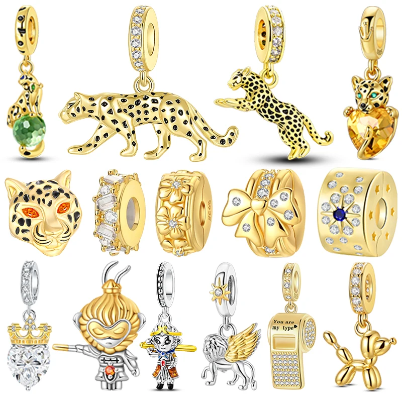 925 Sterling Silver Golden Series Leopard Charms Bead Bow Clip Crown Pendants Fit Bangle Bracelet DIY Jewelry Marking