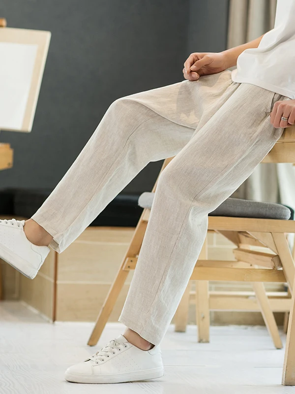 

Low Saturation Pure Color Linen Nine-Piece Pants Men Drawstring Waist Slimming High-Rising Home Commute Loose Cotton Linen Ca...