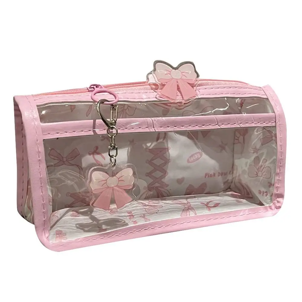 Cute Pink Bow Pencil Case Transparent Large Capacity Pen Bags Cartoon Triangle Pencil Bag School Supplies
