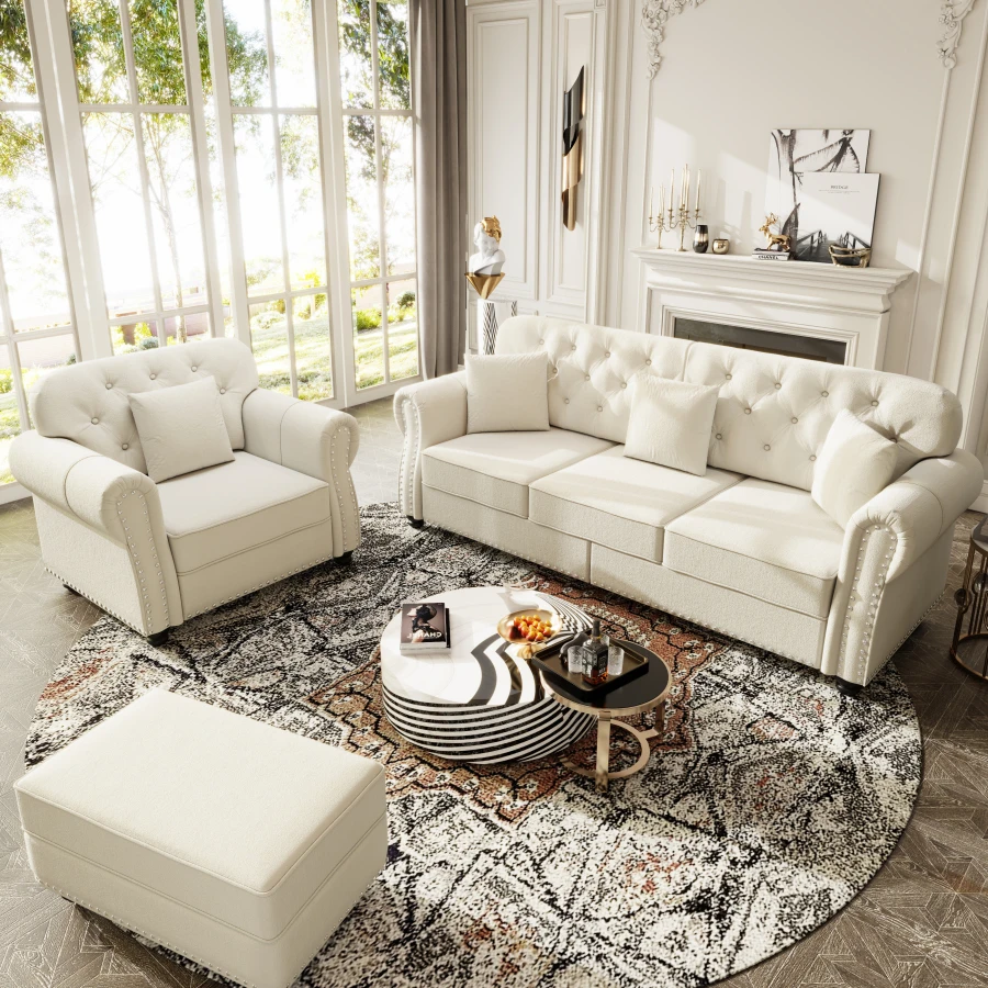 Upholstered Velvet Sofa with Nailhead Trim and Rolled Armrests, Mid-Century Modern Chesterfield Sofa with Button Tufted, Includ
