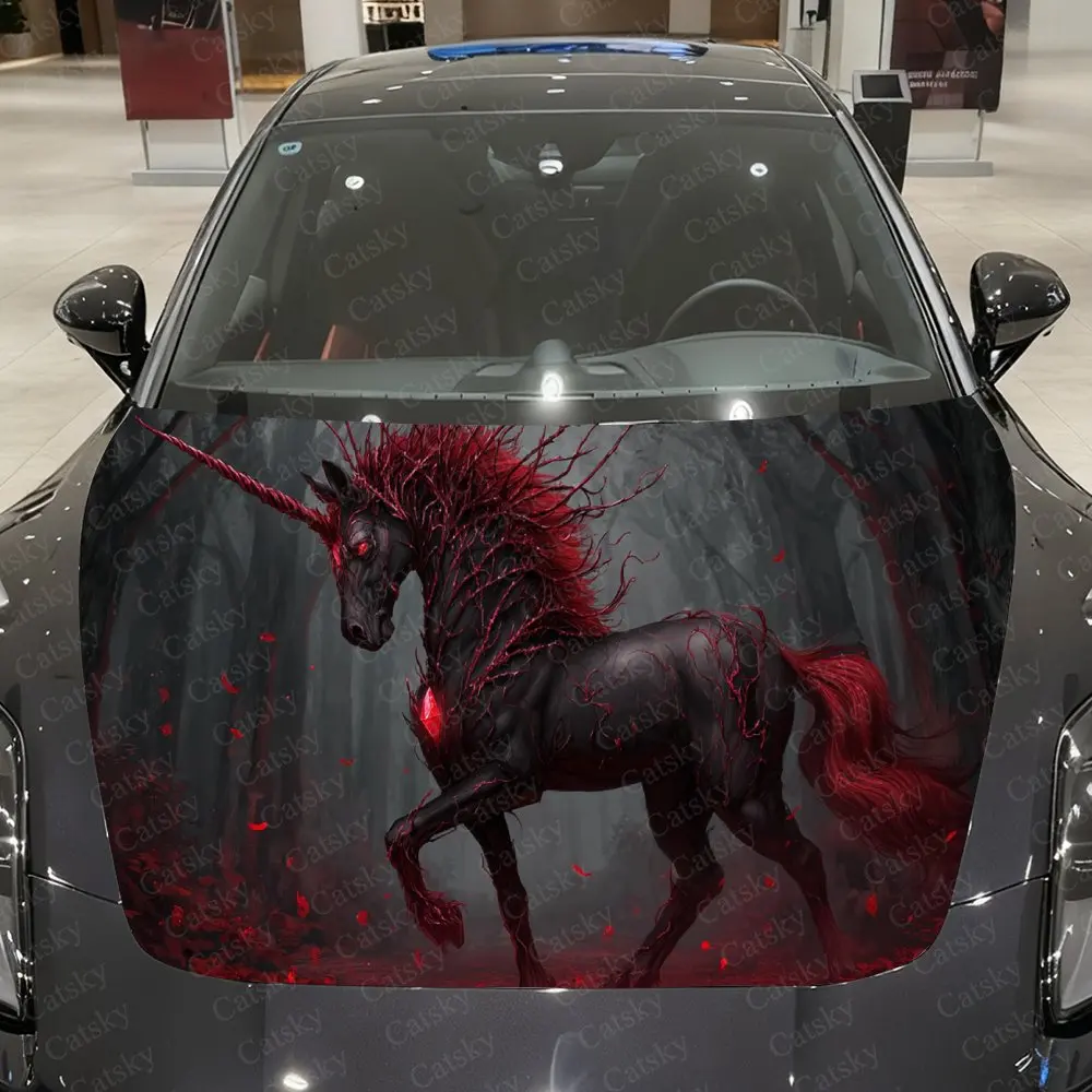 Blood Ember Evil Horned Demon Steed Car Vinyl Wrap, PVC Waterproof Car Hood Sticker, Self-Adhesive Scratch-Resistant Stickers