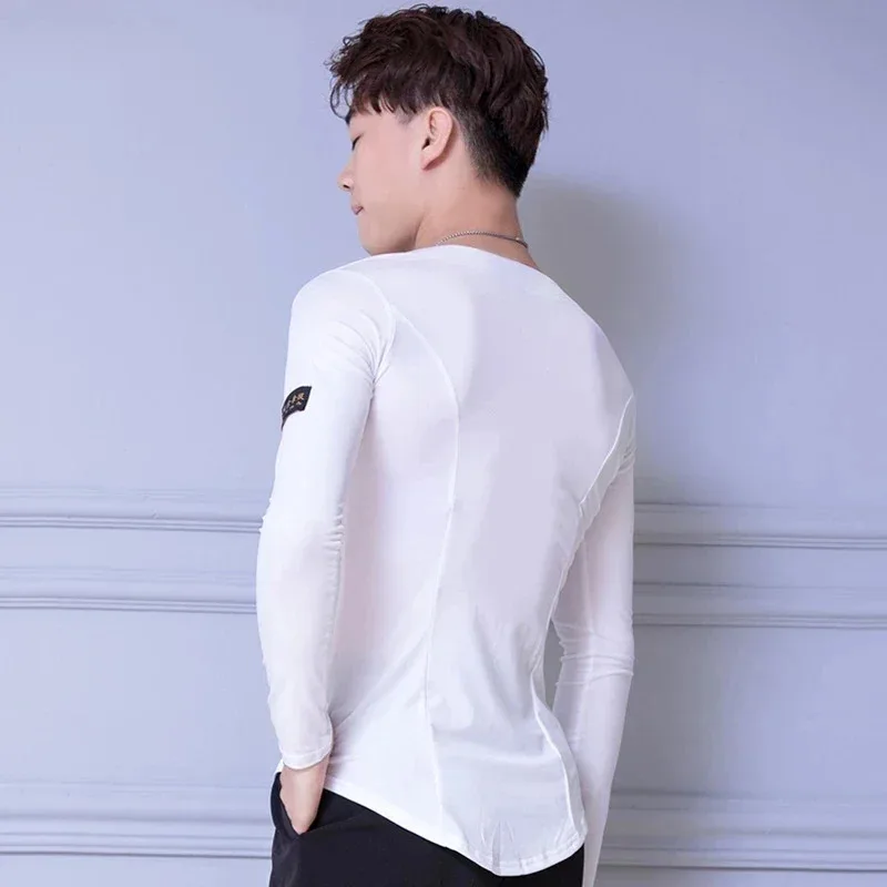 Camicie da ballo latino da uomo in cotone cristallo a maniche lunghe con scollo a V top da allenamento maschile sala da ballo Cha Samba abiti da ballo Dancewear UBs;2,k