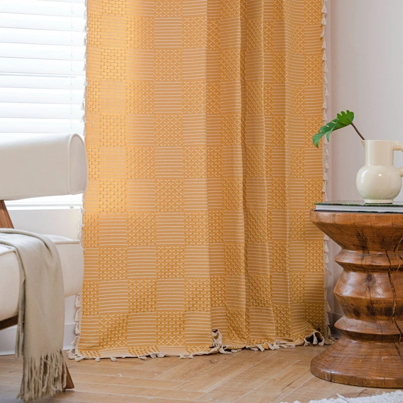 Cotton Linen Rural American Style Plaid Embroider Window Curtain with Tassels Blackout Valance Living Room Bedroom Curtain