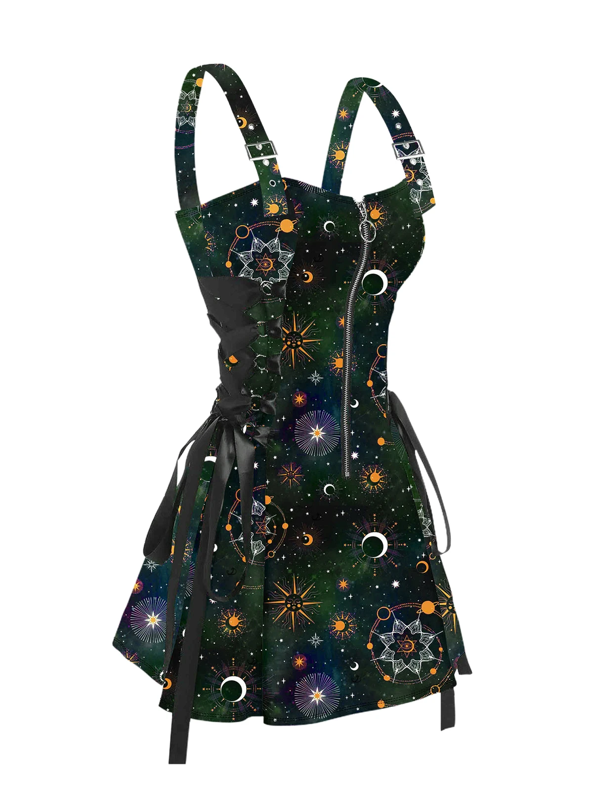 Dressfo 2025 Women\'s Mini Dresses Galaxy Skull Mushroom Print Lace Up Dress Half Zipper Adjustable Buckle Strap Sleeveless Dress