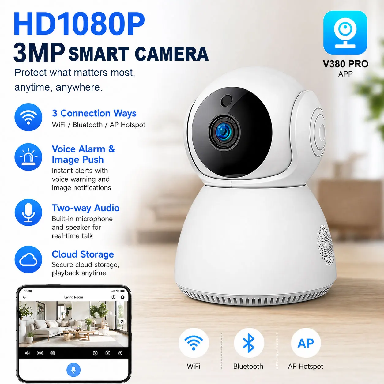 

HD Security Camera | WiFi/Bluetooth/AP Hotspot, Human Detection, Voice Alarm, Two-Way Audio for Indoor Baby/Pet Monitor