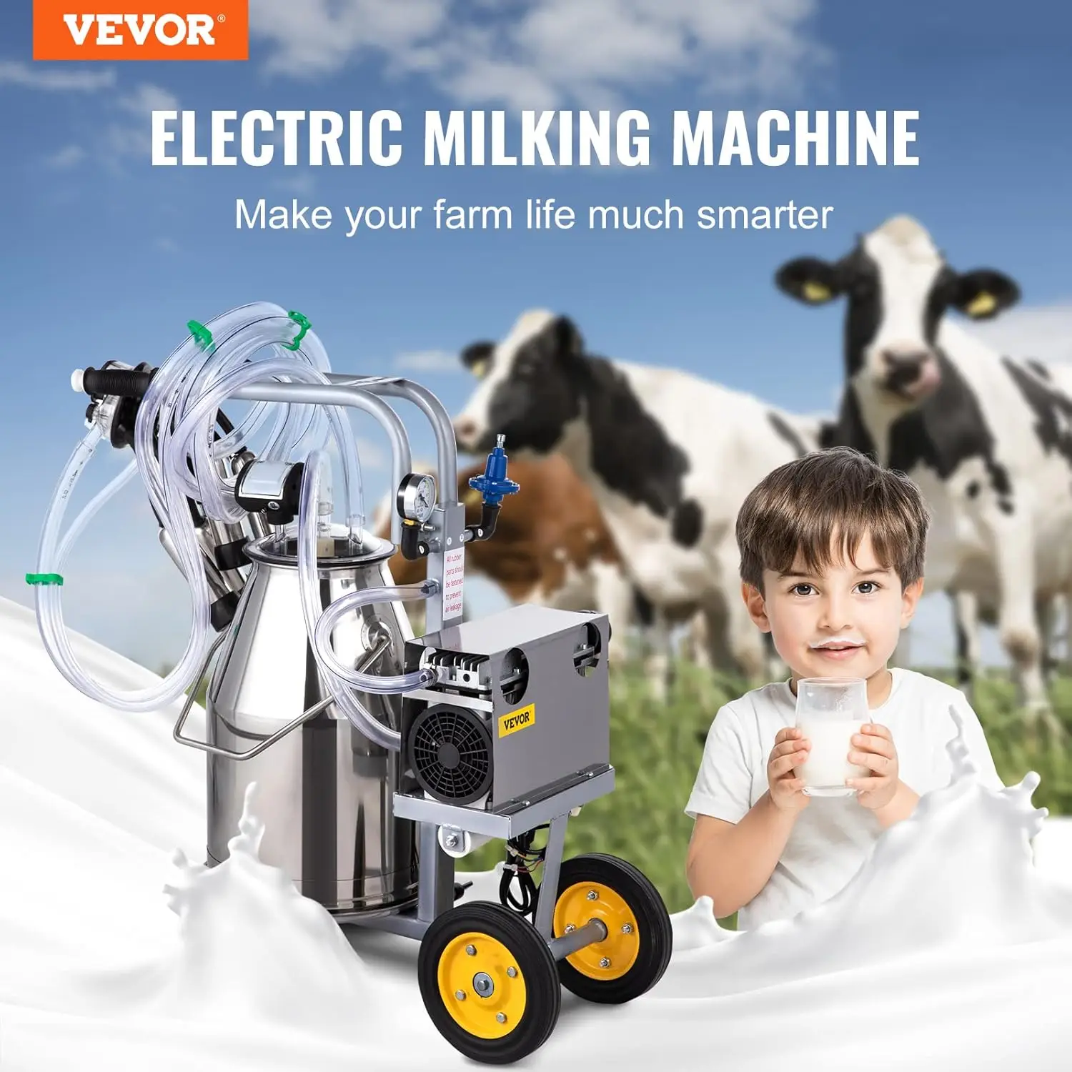 Electric Milking Machine 25L,Milker Machine 5-8 Cows per Hour, 0.55KW 1680 RPM Milking Equipment with 25L 304 Stainless