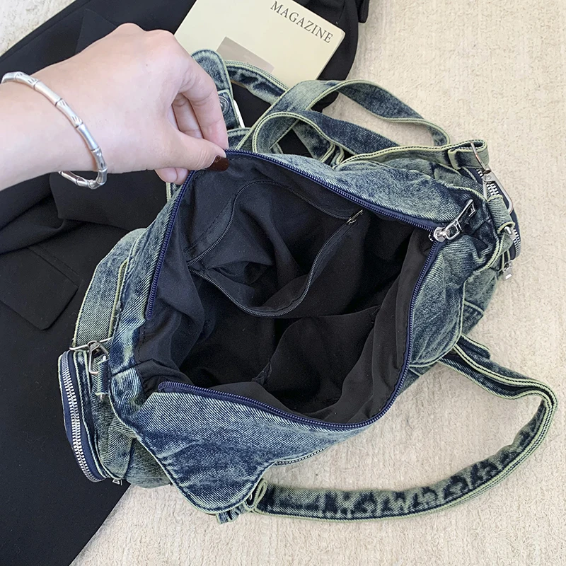 Women Vintage Washed Denim Hobo Crossbody Bag Multi Pocket Rivet Detail Y2K Style Shoulder Purse 2026 New Trend Handbags view 6