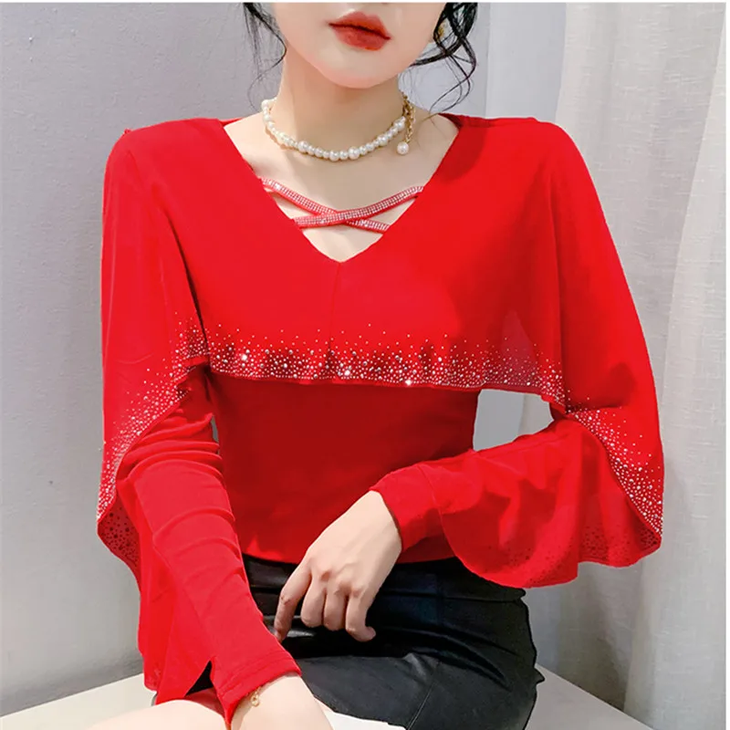 

New Autumn Streetwear Girl Chic Ruffled Hot Diamonds T-Shirt Fashion Sexy Cross V-Neck Long-Sleeved Mesh Tops Women's Dance Tees