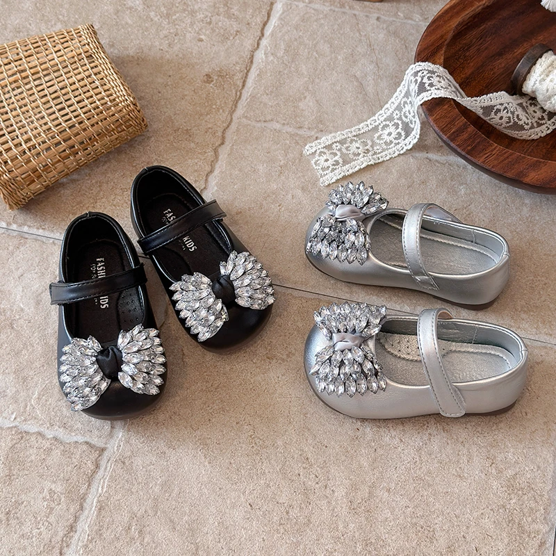 Children's Shoes Girls' Korean Style Leather Shoes with Rhinestone Bow Shallow Mouth Mary Jane Anti-Slip Fashionable Kid's Shoes