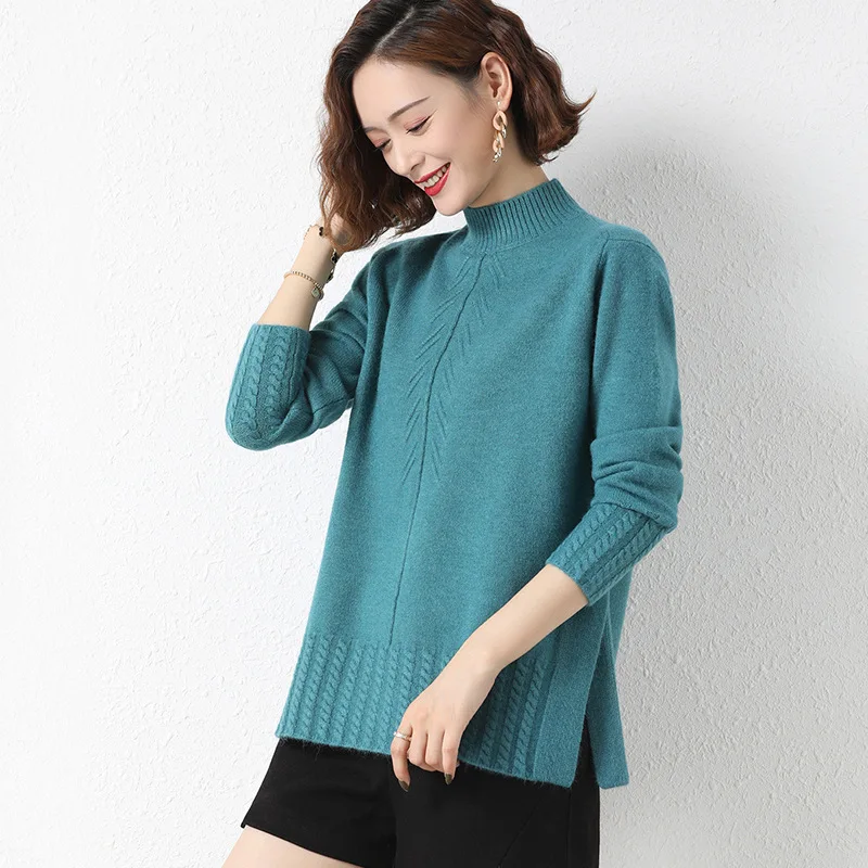 Half High Collar Thickened Bottoming Tops Ladies Loose Autumn Winter Split Woolen Sweater Women Warm Pullovers Sueter Mujer