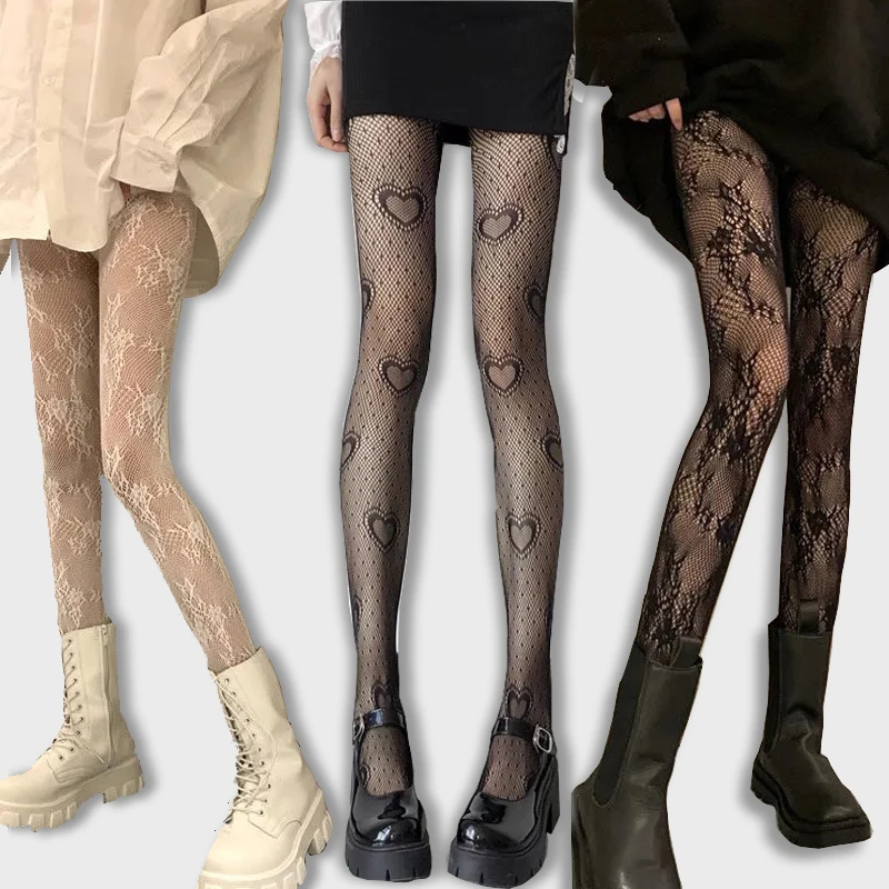 Leggings gothiques Lolita pour femmes, bas en maille ajourée rétro pour filles, collants en dentelle à fond japonais, collants noirs en rotin à fleurs