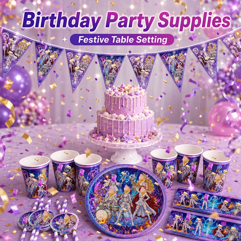 KPop Theme Pattern Anime Peripheral Supplies Plates Cups Strawes Flag Water Bottle Label Honeycomb Cosplay Party Table Decor Set