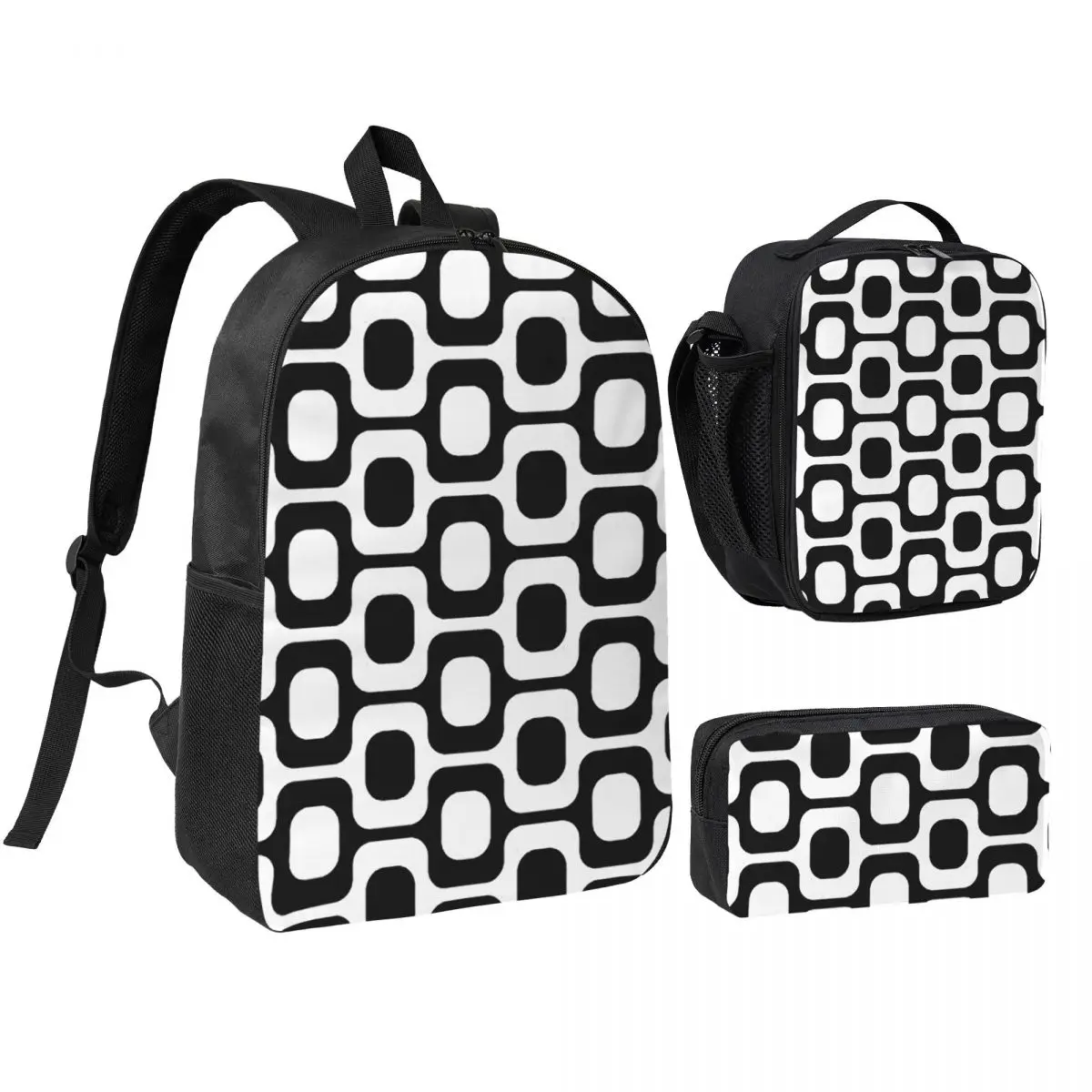 Mochila Ipanema en blanco y negro para niños y niñas, mochila escolar, bolsos de hombro, 3 piezas, bolsa térmica para el almuerzo, estuche para lápices