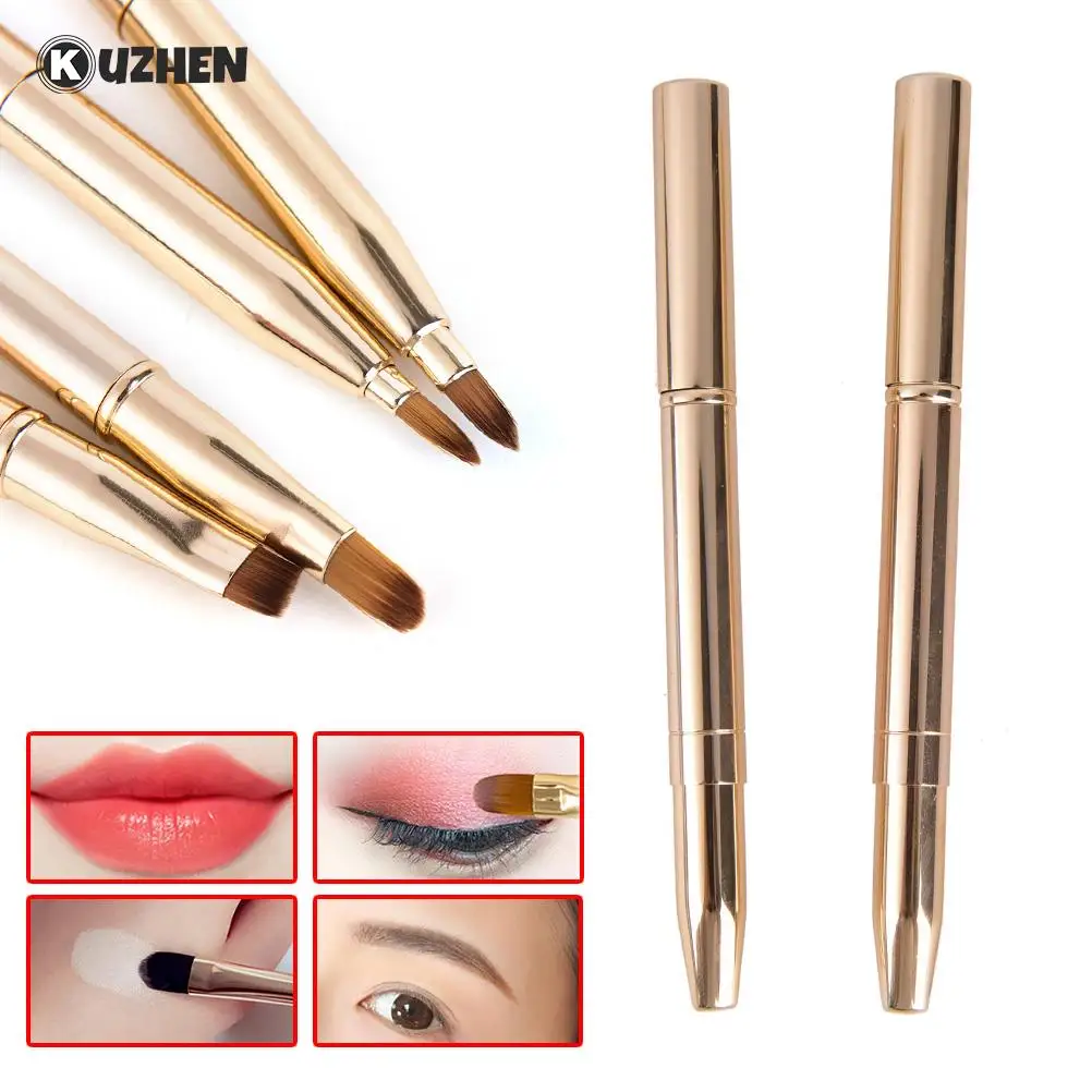 Brocha retráctil de doble punta para maquillaje, delineador de ojos, sombra de ojos, base, herramienta cosmética dorada