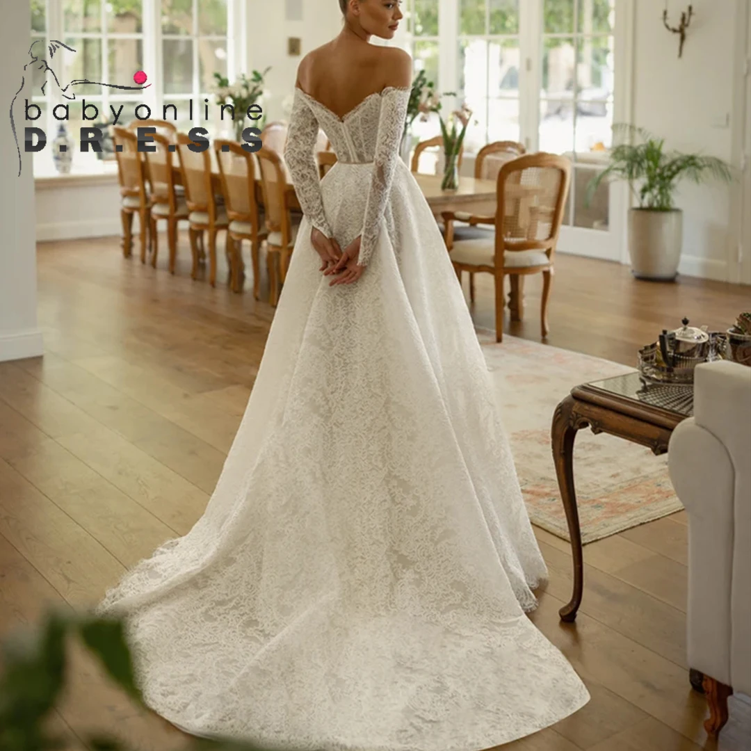 BABYONLINE Customzied Lace Wedding Dress Off the Shoulder with Intricate Corset Full Sleeve A-line Gown Bridal Dresses