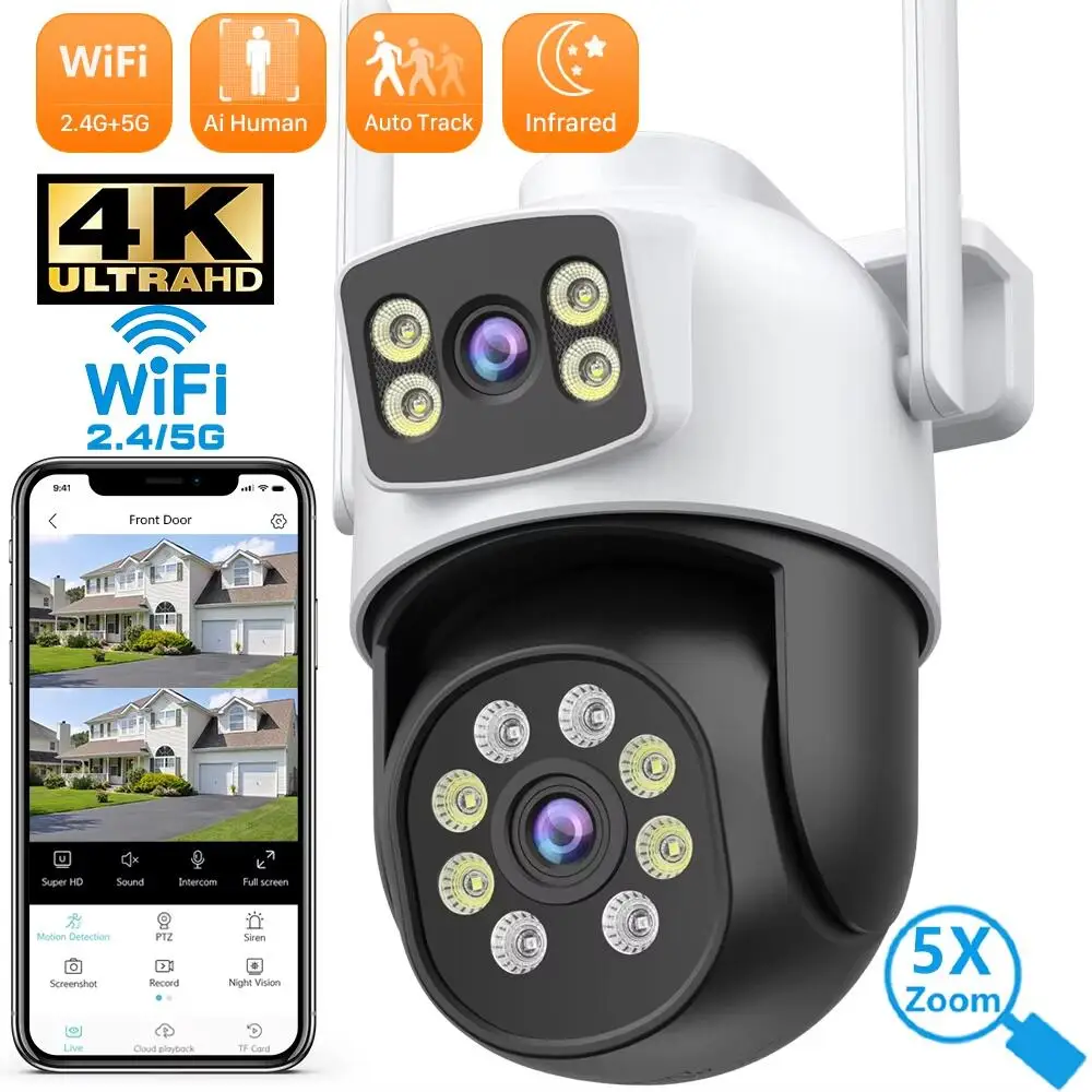 10MP 2.4G/5G WiFi PTZ IP Surveillance Camera Dual Lens Real-time intercom Human Detect Smart Alert 4K 8MP Outdoor Security Camer