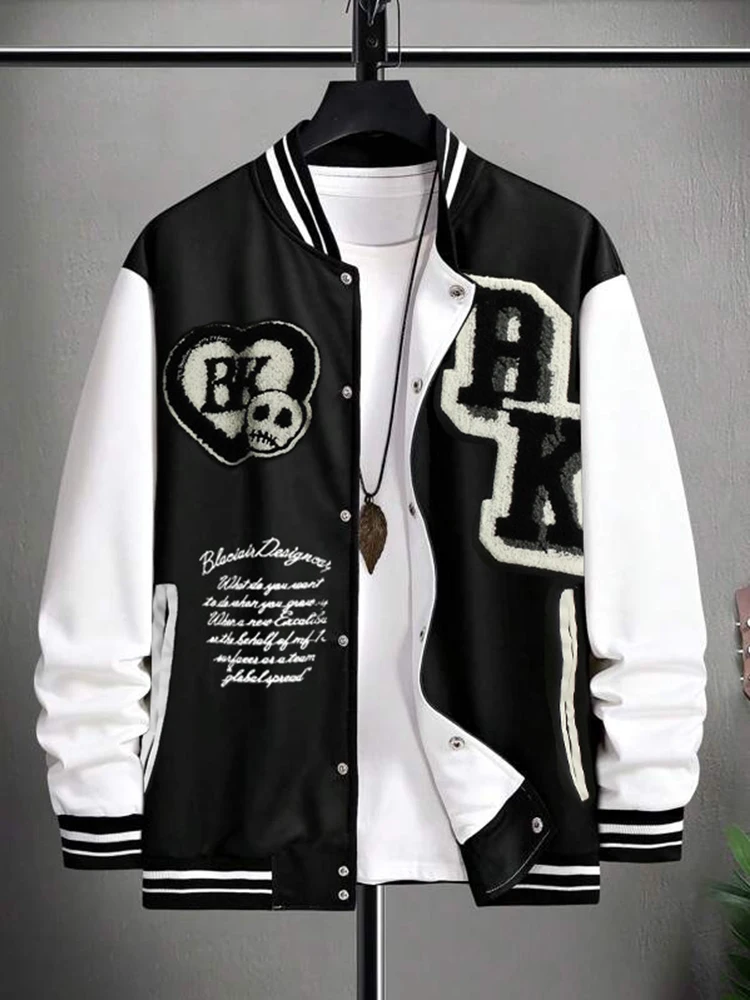 Y2K Jackets Mens Casual Baseball Jacket Coats For Men Fall Winter Fashion Skull Embroidery Patchwork Coat Men's Trendy Outerwear