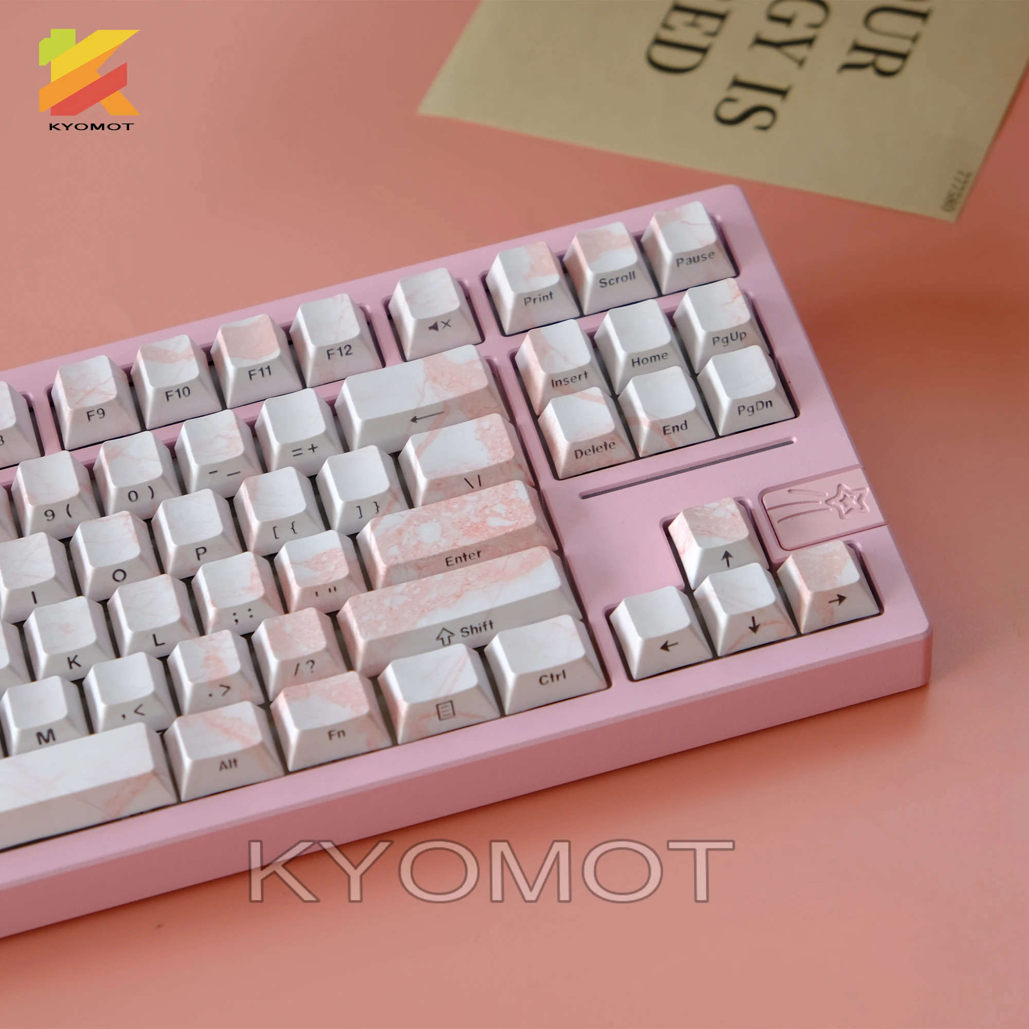 KYOMOT 135 Keys Pink Marble Side Print Keycap Double Shot Shine Through Keycaps Cherry Profile for MX Switch Mechanical Keyboard
