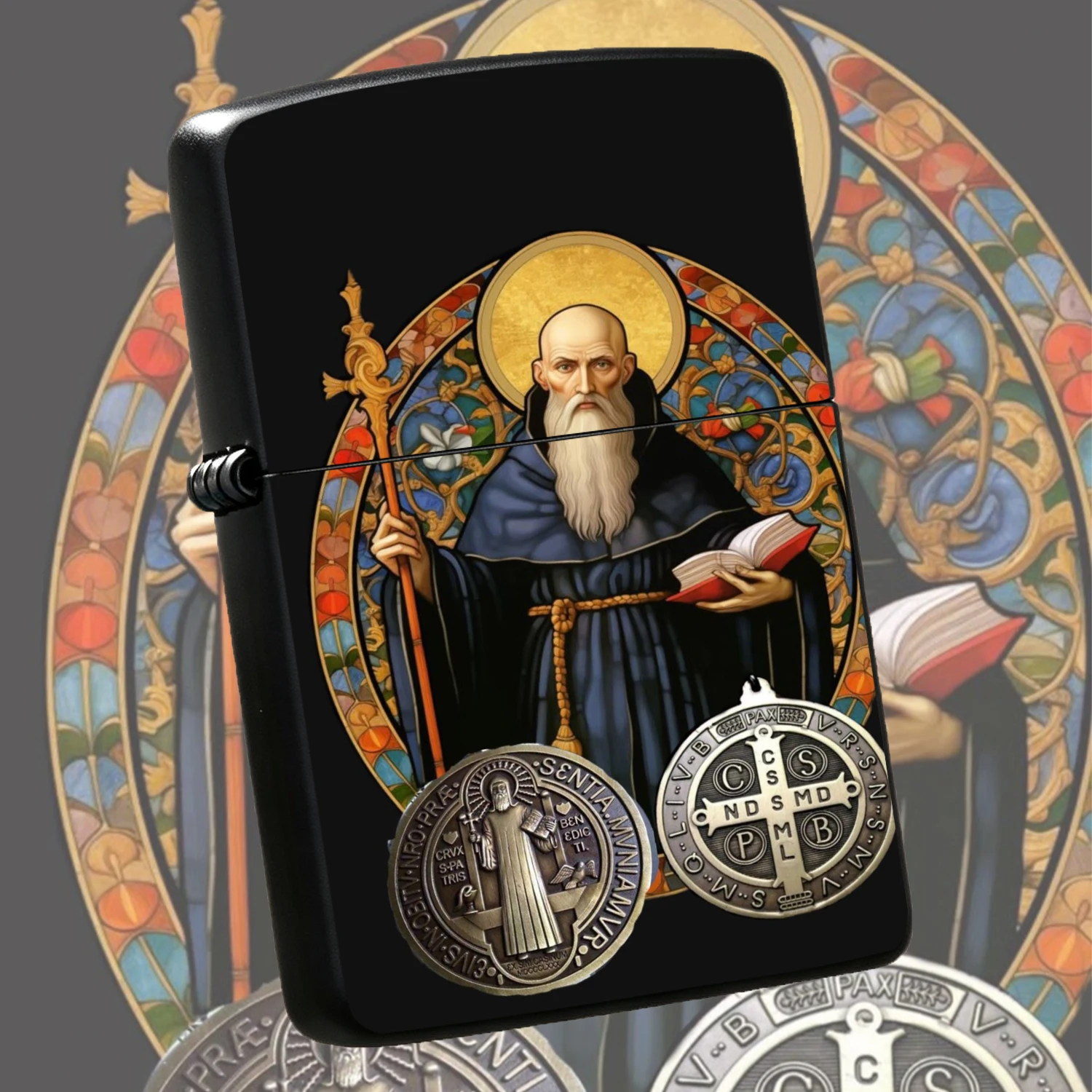 Retro St. Benedict Themed Windproof Classic Saint Image Holy Medal Pattern Decorated Body Vintage Texture Religious Culture Collectible Lightweight Durable For Daily Use Outdoor Camping Ideal Gift For Faith Believers A Fun And Humorous Ligh