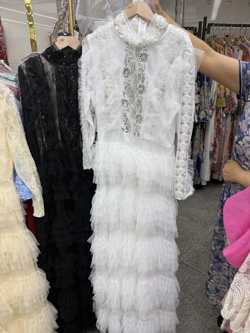 

Fashion Women's Elegant Mesh Dresses Sequin Diamond studded Long Sleeve Big Swing Maxi Dress 2025 Female Clothing