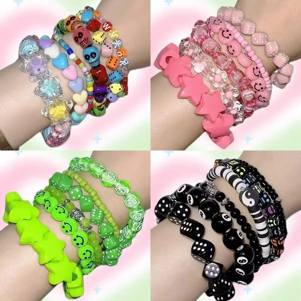 6Pcs Female Creative Smile Face Dice Star Beads Elastic Bracelet All-match Dopamine Jewelry INS Hot Y2K Candy Color Hand Strings