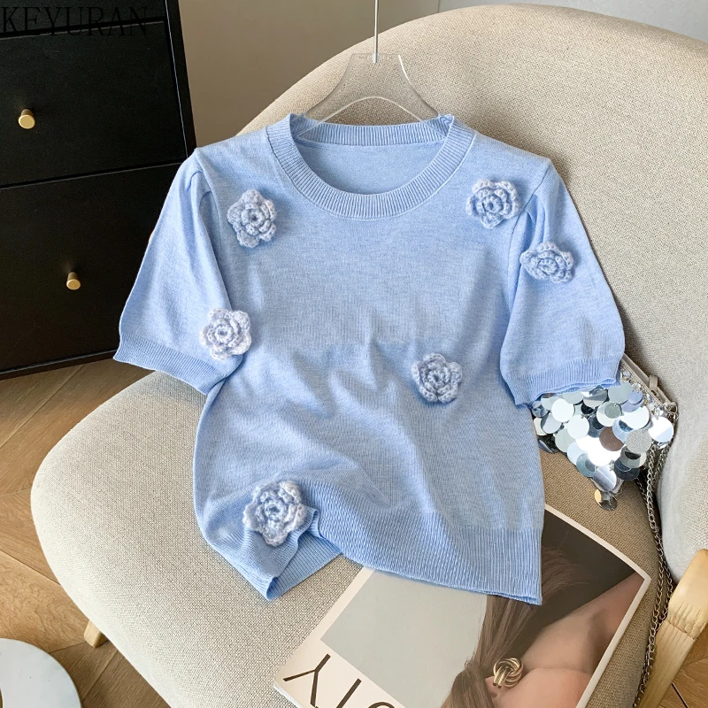 

Summer Sweet Flower Short Sleeve T Shirt Women Vintage Elegant Girls Round Neck Vacation Aesthetics Chic Pullovers Knitwear Tops