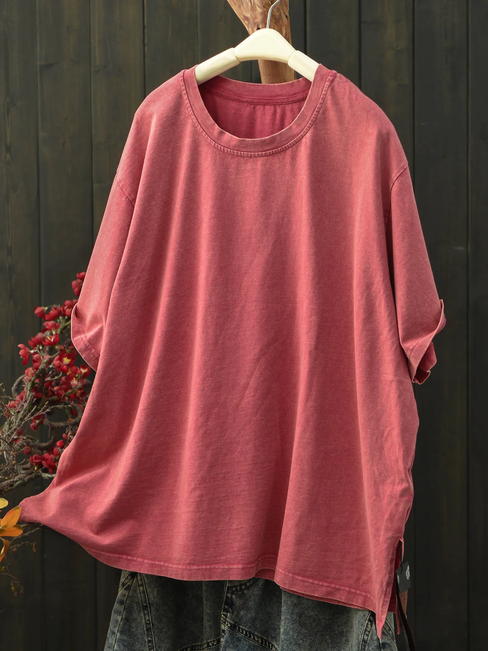 

Artistic Vintage round Neck T-Shirt Women Short Sleeve Loose Fit Mid-Length Summer Shoulder Drop Shirt Cotton Casual Top
