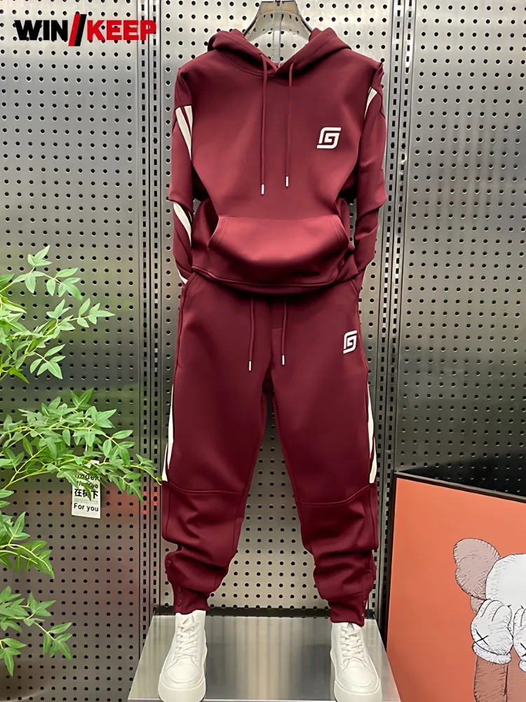 Mens Outdoor Two Piece Running Set Hooded Sweatshirt Sweatpants Jogging Tracksuit Side Striped Athlete Training Sportswear Sets
