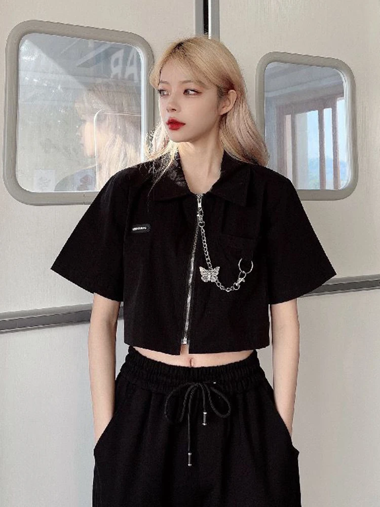 Jmprs Gothic Chain Y2K Cargo Shirt Women Harajuku Streetwear Cropped Blouse Vintage Design Korean Short Sleeve Bf Pocket Tops