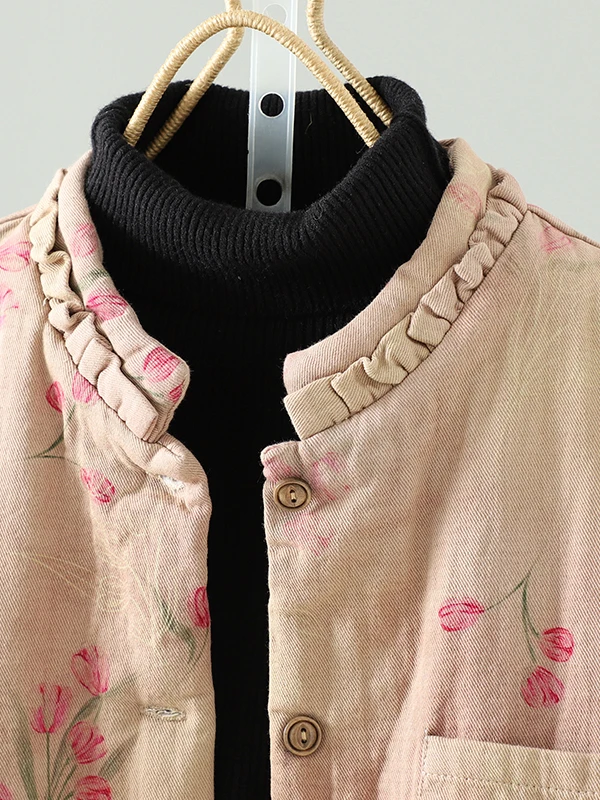 

New Chinese Sle Loose Cotton Jaet Women's Outerwear Stand Collar Retro Embroidery Print Thiened Winter Coat