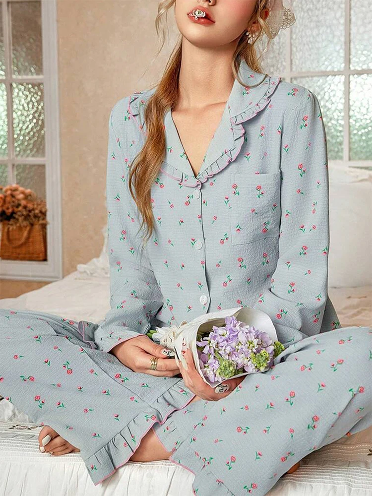 Spring Summer Autumn Winter Ladies Sweet Rose Petal Open-Back Blouse Long-Sleeved Pants Casual Homewear Sleepwear Set