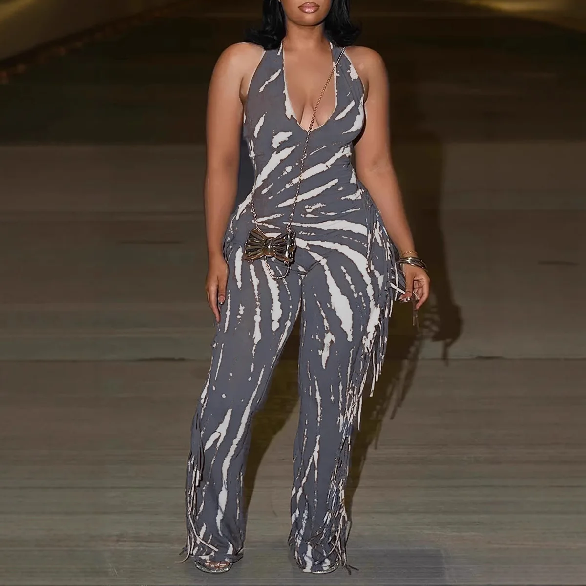 Fashion Tassel Print Women's Jumpsuit Sexy Deep V-neck Neck Halter Lace Up Backless Bodycon Rompers Party Women Jumpsuits Summer