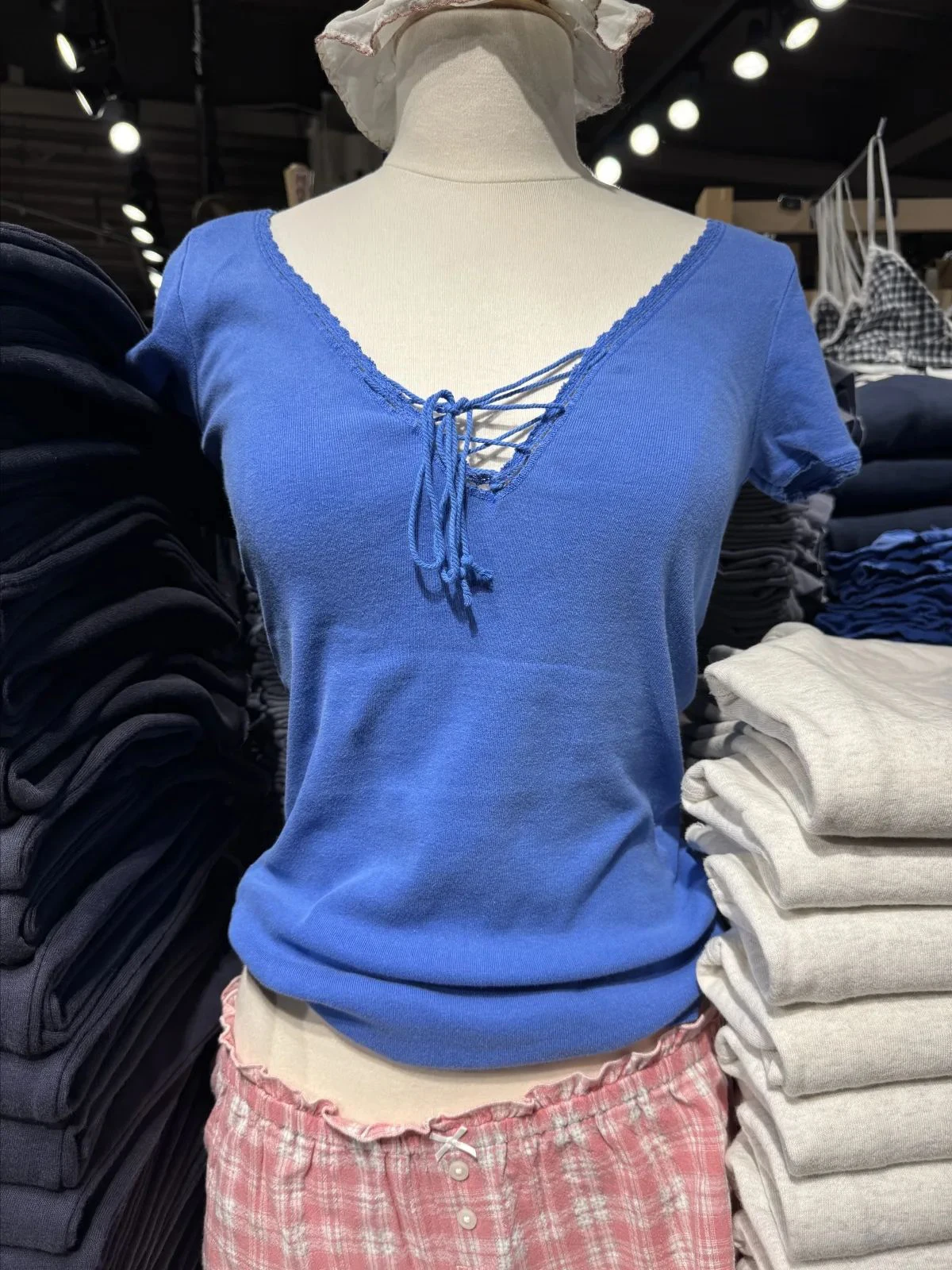 Bandage V-neck Slim T-shirt Woman New Short Sleeve Cotton Tee Top Female Summer Electric Blue Casual Simple Sweet Basic Tshirts