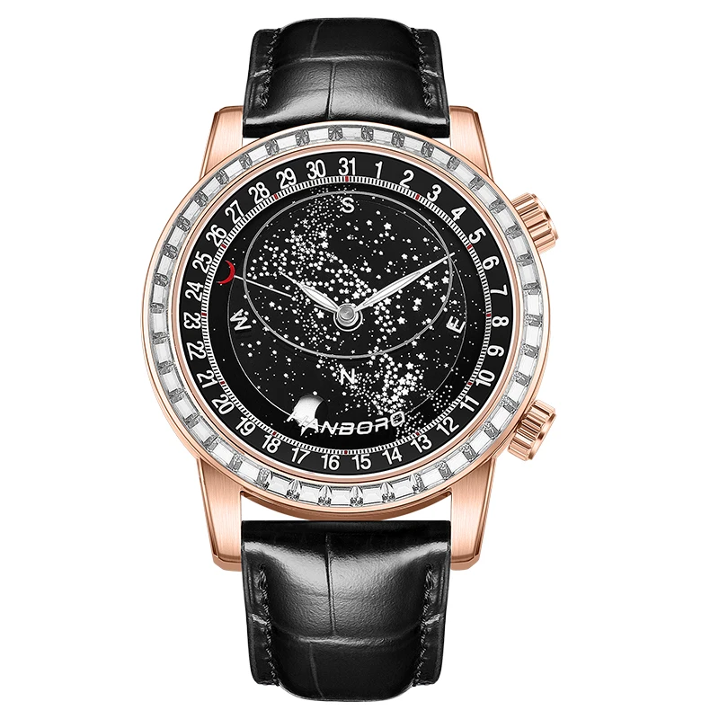 

Мужские автоматические часы HANBORO 43 мм, механические наручные часы с люминесцентным микроротором, механизм Hangzhou 5100, циферблат «Звездное небо», секундомер, индикатор фаз Луны