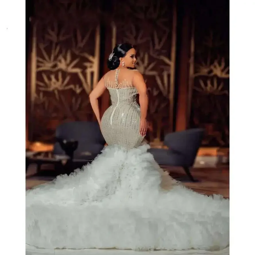 Customized Arabic Plus Size Ivory Mermaid Wedding Beaded Crystals Tiers Tulle Ruffle Bridal Gowns Dress