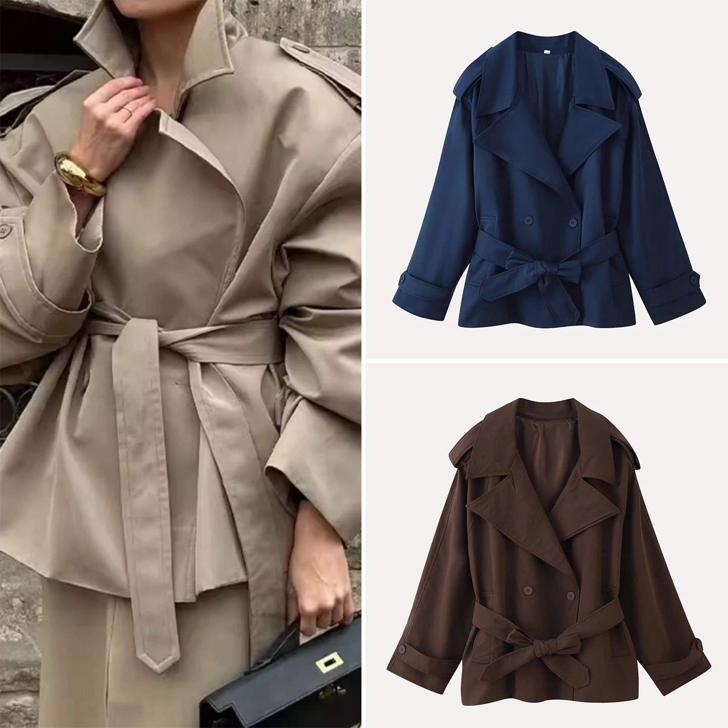 

Повседневная футболка Ele, свободная женская ветровка, воротник-стойка и двойная застежка на пуговицы, осень 2023 г.