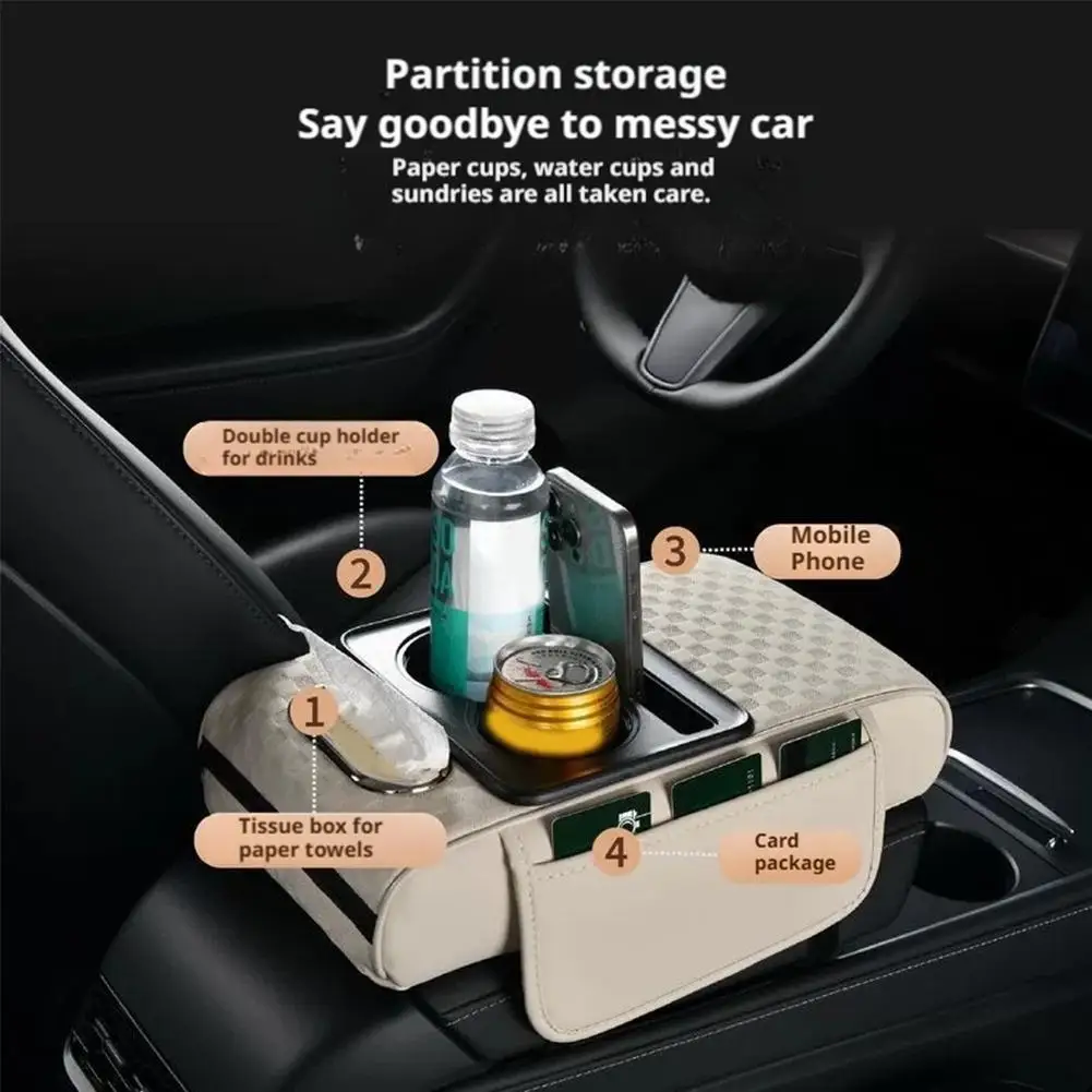Car Center Console Height Increasing Armrest Cushion Multifunctional PU Leather Armrest Pad with Cup Holder Tissue Box Universal view 5