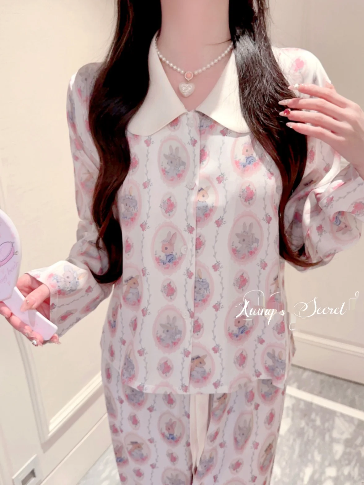 Japanese Sweet Girl Original Doll Collar Long-sleeved Ice Silk Loungewear Casual Cartoon Doll Feeling Cool Breathable Pajama Set